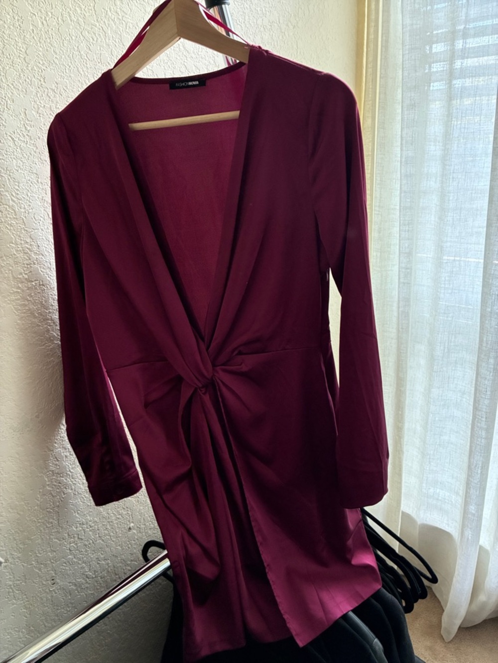 Fashion Nova Burgundy Long-Sleeve Twist Front Mini Dress